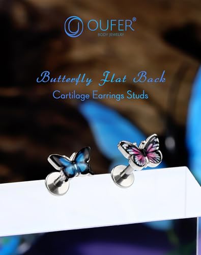 OUFER Butterfly Tragus Piercing Jewelry, 16G Flat Back Earrings Surgical Steel, Internal Thread Labret Lip Piercing Jewelry, 6MM Helix Cartilage Tragus Conch Healing Daith Earrings for Women-Blue/Pink2