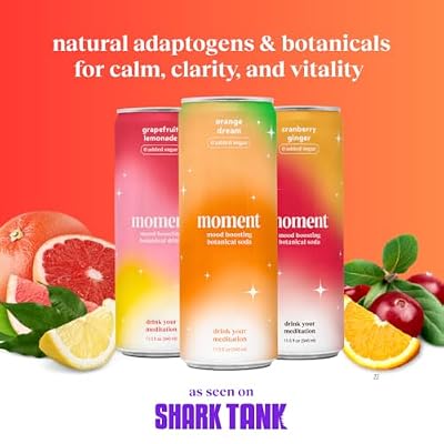 Moment Botanical Soda (Shark Tank) - Calm, Clarity & Relaxation with L-Theanine & Ashwagandha - Non Alcoholic Drinks for Adults - Sparkling Adaptogen Drink - 0 Sugar 0 Caffeine - 12 Pack 11.5 fl oz