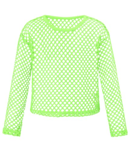 Noomelfish Girls Fishnet Crochet Crop Tops Kids Long Sleeve Mesh Dance T-Shirts Blouse Neon Green Size 9-10 Years