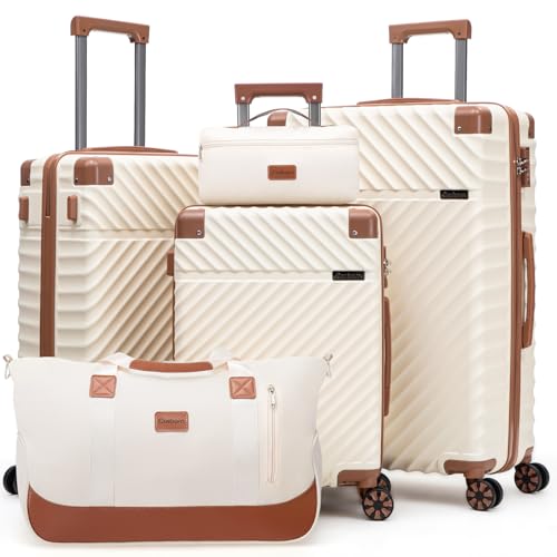 Image of Luggage Sets 5 Piece with TSA Lock Spinner Wheels, Unisex Hard Case ABS Suitcase Set, Hardshell Lightweight Waterproof Travel Hardside Suitcases with Wheels for Women Men,Beige