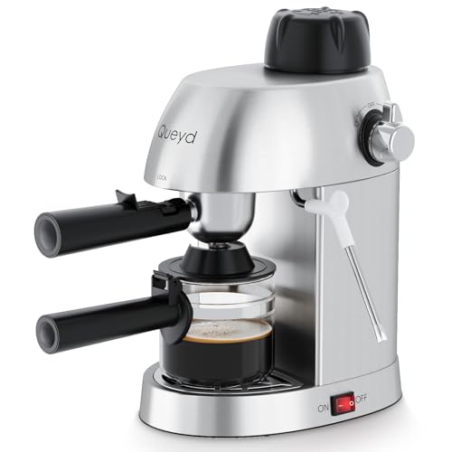 Queyd 3.5 Bar Espresso Machine,4-Cup Stainless Steel Coffee Maker with Steam Milk Frother, Compact Design Coffee Machine with Removable Drip Tray for Latte and Cappuccino, Silver