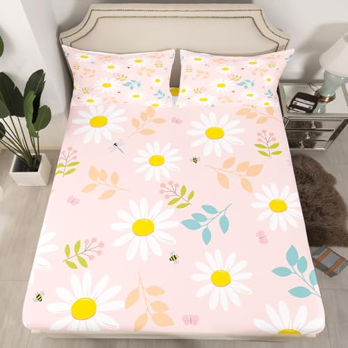 Image of Daisy Flowers Bed Sheet Queen Set Bee Butterfly Sheets Sets Adults Bedroom Decor Spring Floral Microfiber Bedding Set with Flat,Fitted Sheet,2 Pillow Cases