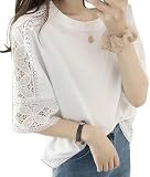 [YAYUPLUS] ブラウス レディース シャツ トップス 透かし編み 刺繍花柄 レース 半袖 ゆったり カットソー 総レース シースルー おしゃれ 可愛い ボリュームスリーブ カジュアル デート 通勤 着痩せ お出かけ 夏 女性らしい (JP, アルファベット, Free Size, ホワイト)