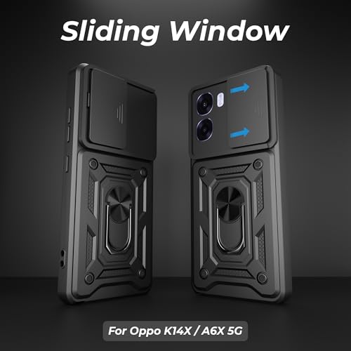 Image of A rtistque Armor Bumper Back Cover Case for Oppo K14x 5G / Oppo A6x / A6s 5G | Ring Holder Stand | Sliding Camera Protection | Shockproof Heavy Duty Design | Oppo K14x Back Cover - Black