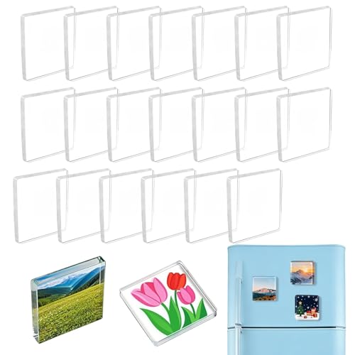 20pcs Clear Acrylic DIY Fridge Magnet Set, 2x2in Square Magnetic Refrigerator Photo Frames with Adhesive Backing for Kitchen Office Classroom Party & Home Decoration