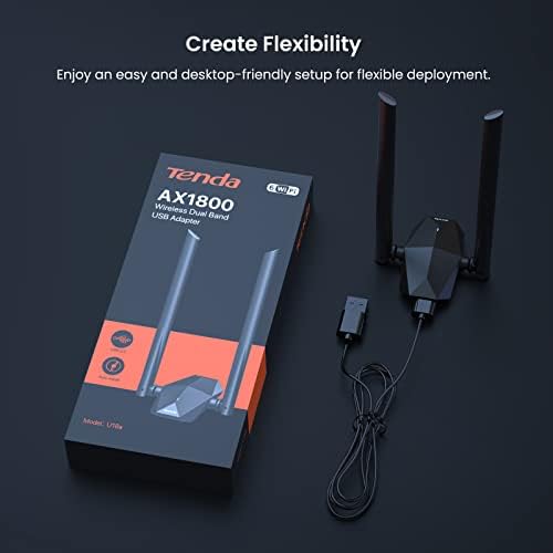 Tenda AX1800 Wi-Fi 6 Dongle  USB 3.0 Wi-Fi Adapter with High-Gain 5dBi Antennas  Dual Band MU-MIMO 1800Mbps for PC/Desktop/Laptop  Supports Windows 11 & 10 ONLY (U18a)