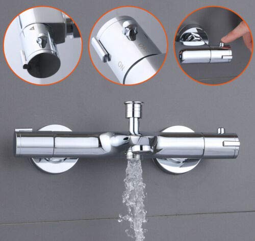 Grifo mezclador para bañera y ducha, de acero inoxidable, con protección contra quemaduras, 20 – 50 ℃, 2 salidas de agua con botón de seguridad de 38 °C
