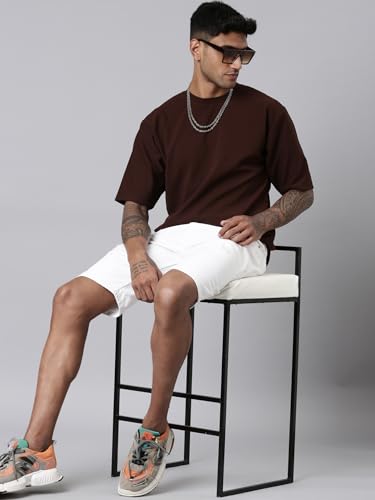 Image of Men's Stylish Round Neck Textured 3 /4th Sleeve Oversized T-Shirt (Brown)