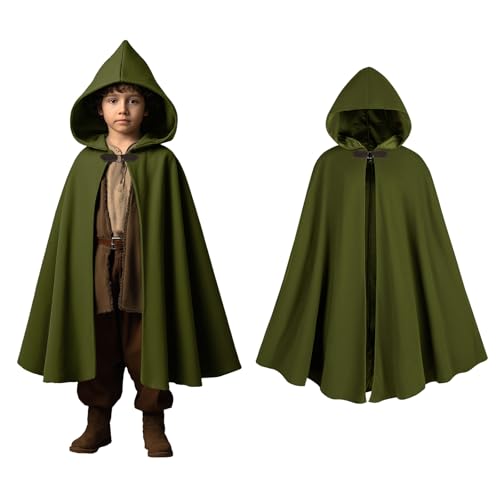 QPAXUCR Renaissance Hooded Cape Round Metal Buckle Witch Cloak for Halloween Cosplay (Green, S(110-130))