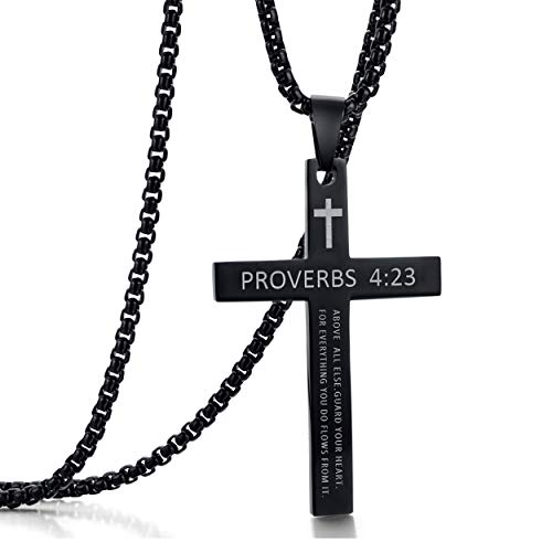 Rehoboth Stainless Steel Cross Pendant Necklaces for Boys Men or Women Bible Verse Pendant Chain 24 Inch Black