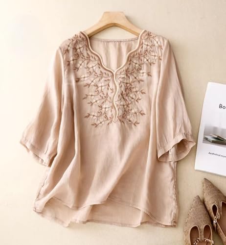 Image of RIEKA Womens Elegant Beige Floral Embroidered Tunic Top with Scalloped V Neck, Elbow Length Sleeves, Relaxed Fit, Lightweight, Casual Ethnic Style Top
