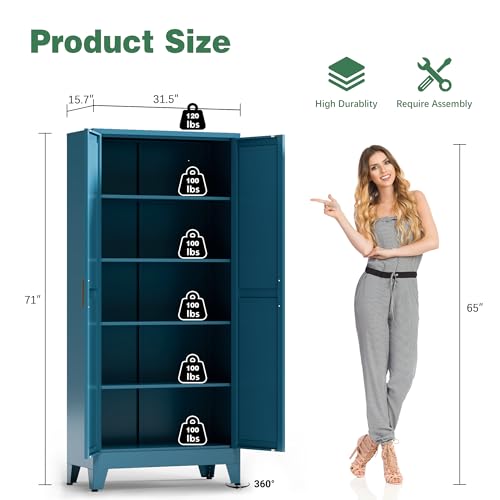 Image of Bevivog 71 inch Tall Storage Cabinets Farmhouse Freestanding Tall Bookshelf with 2 Doors and 4 Adjustable Shelves, Blue Metal Pantry Cabinet for Kitchen Living Room, Home Office, Laundry, Bathroom