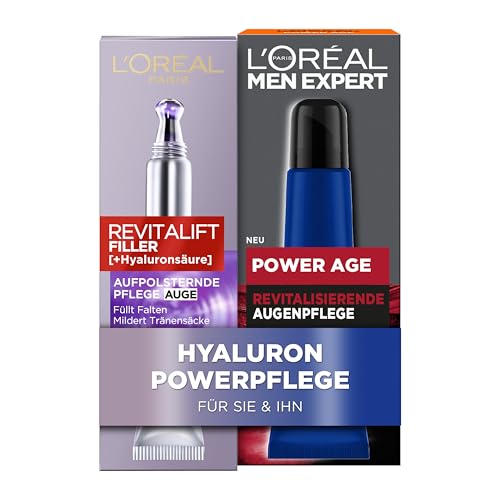 L'Oréal Paris Augencremes für sie & ihn, Anti-Aging Augenpflege gegen Falten, Gesichtspflege für Damen und Herren mit Hyaluronsäure, Revitalift Filler, Power Age, 2 x 15ml