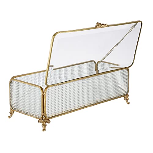 Hipiwe 9.4" Mirrored Glass Box With Lidded Box Gold Metal Keepsake Box Vintage Decorative Glass Box Jewelry Organizer Holder For Storage Jewelry, Trinket, Collections #TOP6