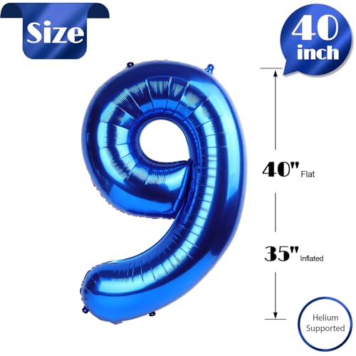 Image of Metallic Blue Number 9 Balloon 40 Inch, 9th Birthday Party Decorations, Giant 9 Foil Balloon for Party Supplies