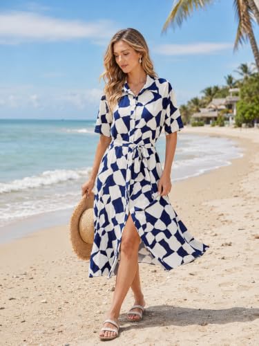 Image of BROVAVE Women's 2026 Summer Short Sleeve Work Dresses Tie Waist Button Down Animals Print Midi A-Line Shirt Dress