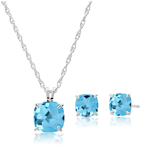 Max + Stone 925 Sterling Silver Cushion Cut Swiss Blue Topaz Jewelry Set For Women December Birthstone Stud Earrings And Pendant Necklace On 18 Inch Chain 6Mm & 8Mm #TOP4