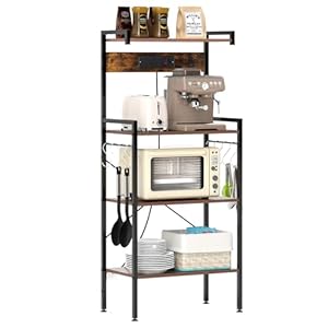 COSTWAY Kitchen Baker’s Rack, 4-Tier Microwave Oven Stand with Power Outlets, 8 S-Shaped Hooks, Adjustable Foot Pads & Anti-Toppling Device, Free Standing Utility Storage Shelf, Rustic Brown
