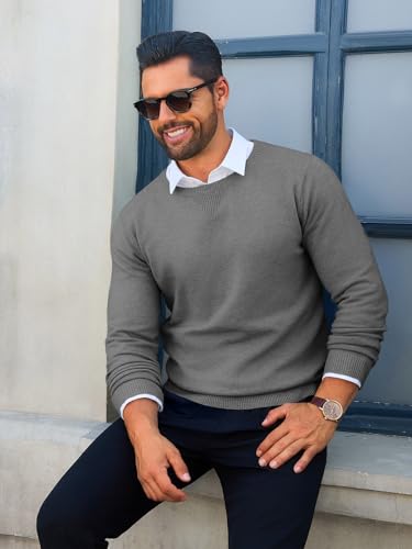 Image of Runcati Mens Crewneck Sweaters Casual Knit Lightweight Dress Sweater Long Sleeve Slim Fit Fall Winter Pullover