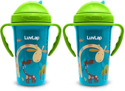 Image of LuvLap Tiny Giffy Sippy Cup, Silicone Straw, BPA Free, 300 ml 18m+ (Green) (Pack of 2)