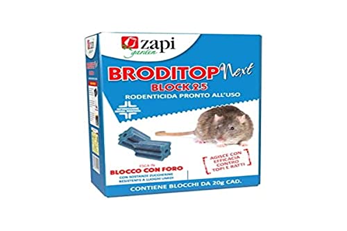 Zapi Garden | Broditop Next Block 25 - Rodenticida, Topicida per Interno ed Esterno intorno agli edifici, Esca in blocco ideale per ambienti umidi, per Disinfestazione di Topi e Ratti, 300g