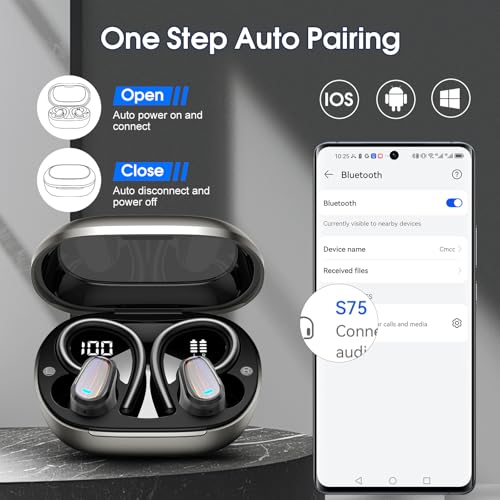 Image of Jesebang Wireless Earbuds, Bluetooth 5.4 Headphones Sport, Over Ear Buds with ENC Noise Canceling Mic, Deep Bass Stereo Ear Buds with Hook, 50H Playback, LED Display, IP7 Earphones for Workout, Grey