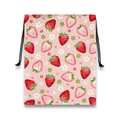 Image of Strawberry Gymnastics Grip Bag Small Flowers Print Drawstring Storage Pouch Bag