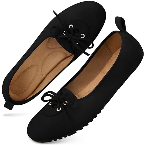 Image of Ecetana Flats for Women Dressy Shoes Round Toe Comfortable Faux Suede Slip On Foldable Ballet Flats for Casual Work
