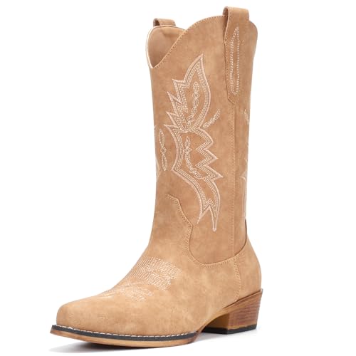 Image of IUV Cowboy Boots for Women Mid Calf Pull-On Cowgirl Boots | Wide Calf Ponited-Toe Western Boots