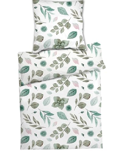 Bertels 2tlg Bettwäsche Set Microfaser Seersucker Bunte Blumen Verziehrt auf Weißem Grund Neu mit RV 135x200cm + 80x80cm