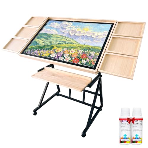 QDKGH Wooden Jigsaw Puzzle Table with Moving Caster for 1500 Piece Puzzles, Puzzle Board with Drawers, Felt Surface, Adjustable Height & Tilt, Christmas & Birthday Gift for Seniors & Puzzle Lovers