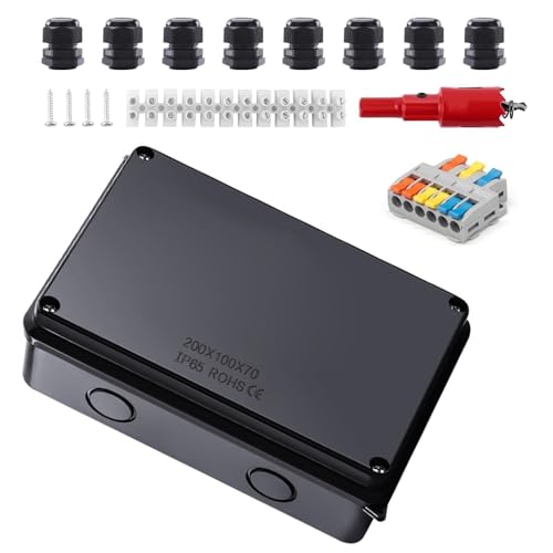 TIANLIN Boite de Derivation Etanche, Noir Ip65 Boite Electrique Etanche Exterieur, 200 X 100 X 70 mm Boîte de Dérivation, Ø 12-16 mm, Avec Bornes et Accessoires de Montage, pour Sous - Sol, Garag