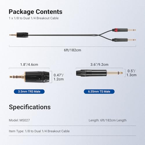 Cable adaptador Jack 3.5mm a Dual 1/4 6 ft miniatura 7