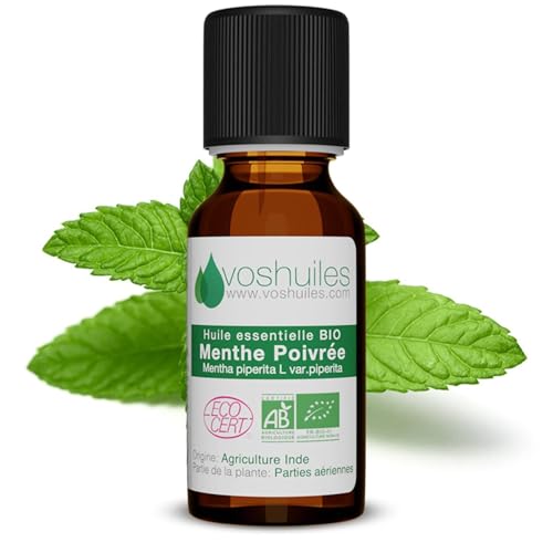 Voshuiles - Huile Essentielle Menthe Poivrée Bio 20ml - Parfum Frais - Nombreuses Vertus et Applications - Huiles Essentielles de Qualité - 100% Pure et Naturelle - HEBBD et Certifiée ECOCERT