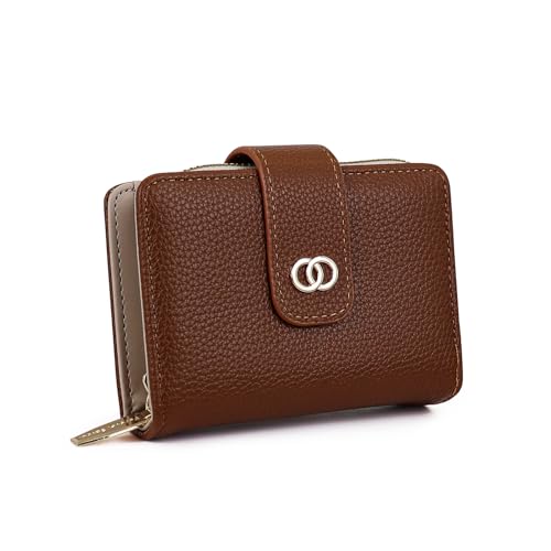 All-In-One Folding Wallet Women, Compact Wallet for Woman with Zipper Pocket and ID Window, Stylish Lychee Patterned Womens Wallet with 6 Card Slots and Cash Slot (Lichee, Brown)