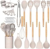 Silikon Küchenhelfer Set, Umiten 24 Stück Kochbesteck Set Küchenutensilien, küchenset mit Utensilienhalter, Antihaft Hitzebeständiger Kochbesteck Set, Gesund & Spülmaschinenfest - Khaki