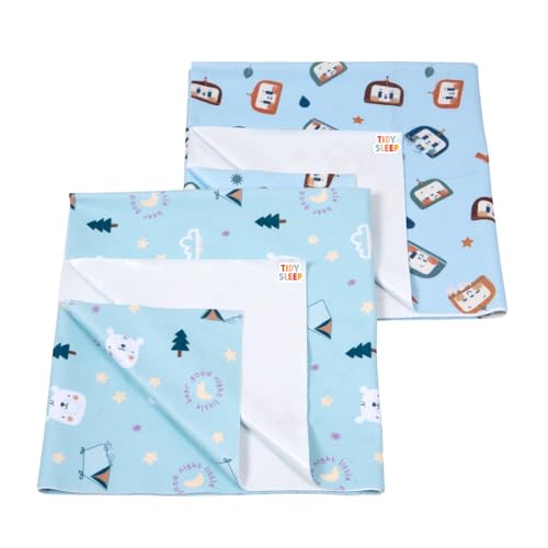 Image of Tidy Sleep Printed Baby Dry Sheet Waterproof Mattress Protector for Newborns | Soft Quick-Dry Bed Protector Mat | Reusable Leakproof | Robo Love & Bear Goodnight Pack 2 (Small)