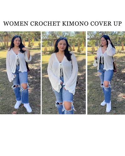 Image of Bsubseach Women Tie Front Crochet Cardigan Lightweight Summer Knit Cardigans Long Sleeve Beach Cover Up White L