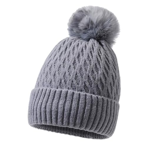 MUNSKT Bonnet d'hiver pour Femme, Bonnet Chaud en Tricot torsadé avec Doublure en Polaire Thermique, Chapeau à Pompon pour l'extérieur, Le Ski en Plein air, Chapeau en Laine (Gris)