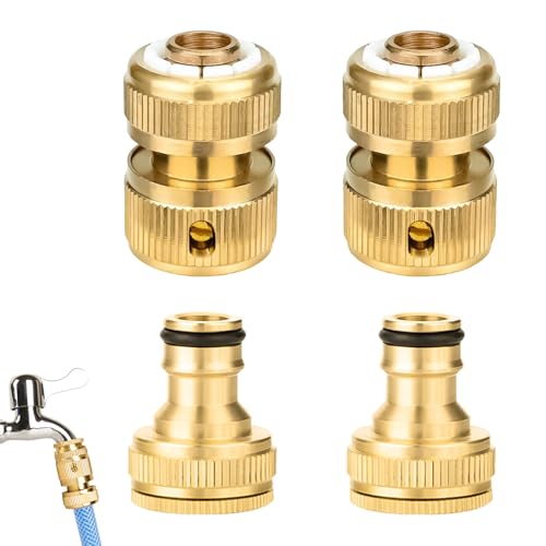 4 Pièces Raccords de Rapides en laiton, Connecteur Tuyau d’Arrosage – Kit Connexion Tuyau Laiton Adaptateurs 2-en-1 pour Robinets 1/2
