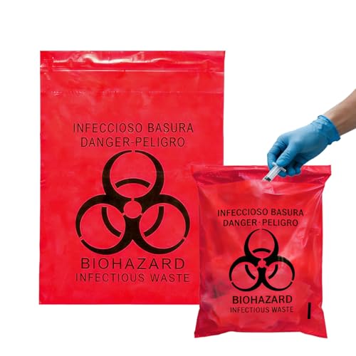 Seadasyoon 50pcs 9x13in/23x33cm Stick-On Biohazard Infectious Red Waste Bags