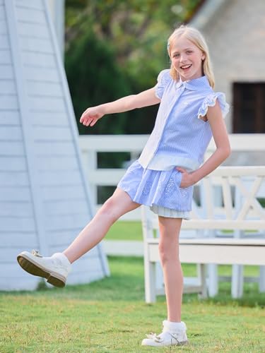 Girls Blue Ruffle Sleeve T-Shirt with Ocean Embroidery, Striped Summer Tops Fashion Tees for Girls Size6-164