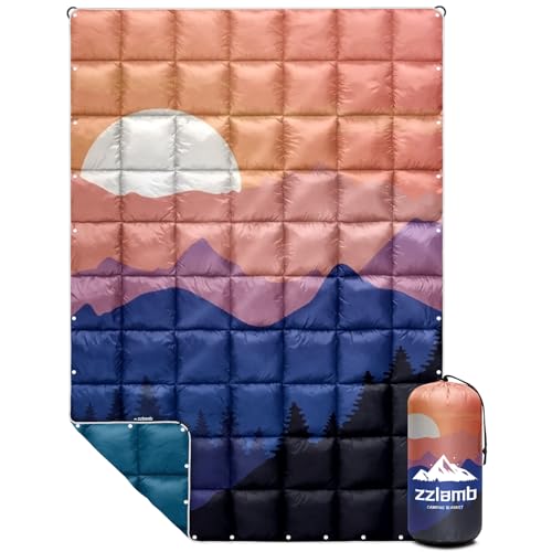 zzlamb Puffy Camping Blanket, Lightweight Warm Blanket Windproof, Outdoor Travel Blanket Water-Repellent Cloak with Snaps, Warm Quilt Picnic Beach Trip Hiking Backpacking, Round Sun Setting 52x75in