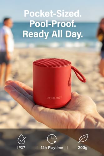 Image of FUNLOGY Portable Mini2 Bluetooth Speaker, Wireless Portable Speaker with Deep Bass, IPX7 Waterproof, TWS Stereo Pairing, Built-in Mic, Small Speaker for Shower, Outdoor, Travel, Red