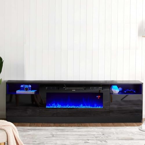 Fireplace TV Stand for 70'' TV,36" Glass Electric Fireplace with Highlight Storage Cabinet and12 Colors LED Lights Flame&Timer Remote, Low Noise Operation,Black