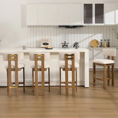 Image of BESTANO 26 inch Counter Stools Set of 4 Counter Height Bar Stools with Back and Solid Wood Legs Modern Farmhouse Linen Upholstered Kitchen Bar Stools Countertop Chairs, Beige