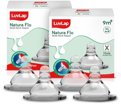 LuvLap Wide Neck Teat/Nipple, Variable Flow, 100% Liquid Silicone, BPA Free, 9m+, Pack of 4