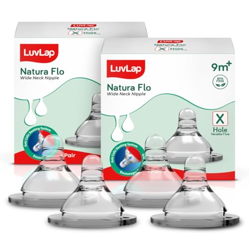 Image of LuvLap Natura Flo Wide Neck Glass Bottle (150ml) and Anti-Colic Teat Variable Flow (4pcs) 9m+ for Newborns