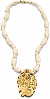 SIMPLY JEWELLERS Handcrafted Beaded Necklace with Hand-Carved Archangel Michael Wood Pendant, Off-White, Sturdy Brass Clasp Price In India