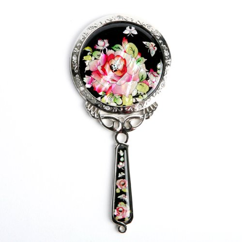 Antique Alive Mother of Pearl Princess Red Rose Design Round Stainless Steel Cosmetic Makeup Hand Mirror